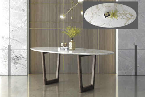 Οβάλ τραπεζαρία με λευκό κεραμικό καπάκι και ξύλινα πόδια